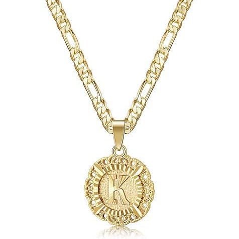 Vintage Lace Round 26 Letter Figaro Necklace, 14K Gold Plated Personal Initial Pendant Clavicle Chain