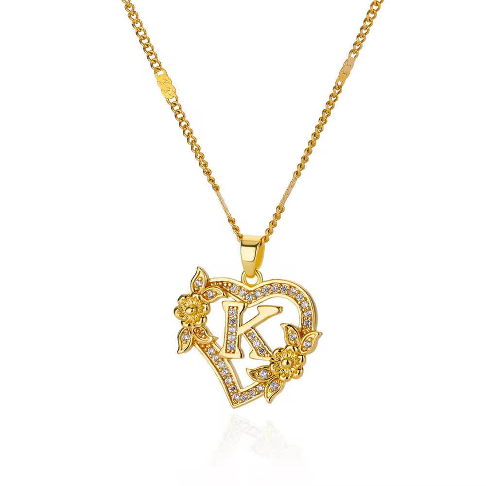 Vintage Flower Heart Pave Crystal Letter Necklace, 316L Stainless Steel 14K Gold Plated Luxury A-Z Initial Pendant Clavicle Chain Niche Jewelry