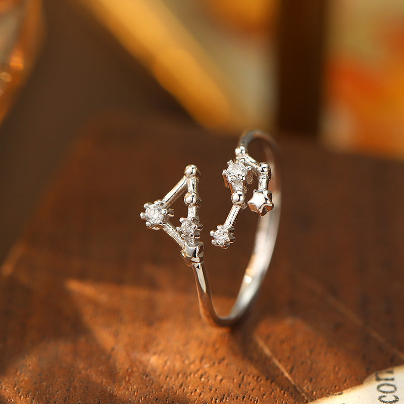 925 Silver Diamond-Inlaid 12 Constellations Open Adjustable Ring (Unisex Luxury Personalized Style)