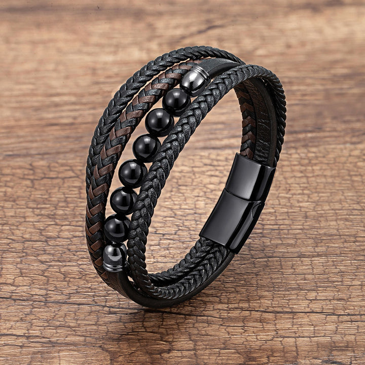 Natural Stone Beaded Braided Leather Men's Bracelet (Multi-Color Magnetic Clasp Wristband)