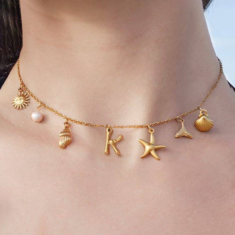Ocean Vacation Multi-Charm Initial Choker, Starfish Shell Mermaid Tail Sun Pearl Custom Letter Thin Necklace for Women