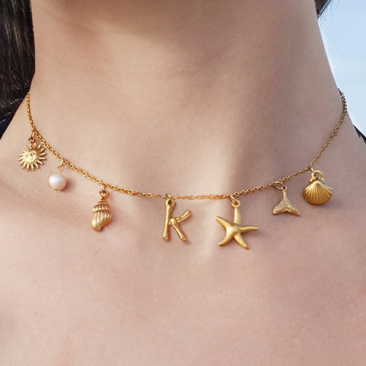 Ocean Vacation Multi-Charm Initial Choker, Starfish Shell Mermaid Tail Sun Pearl Custom Letter Thin Necklace for Women