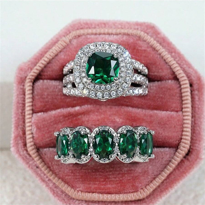 Luxury Two‑Piece Halo Ring Set, S925 Silver Multi‑Color Center Stone Women’s Engagement Ring Set in Gold & Silver Tone