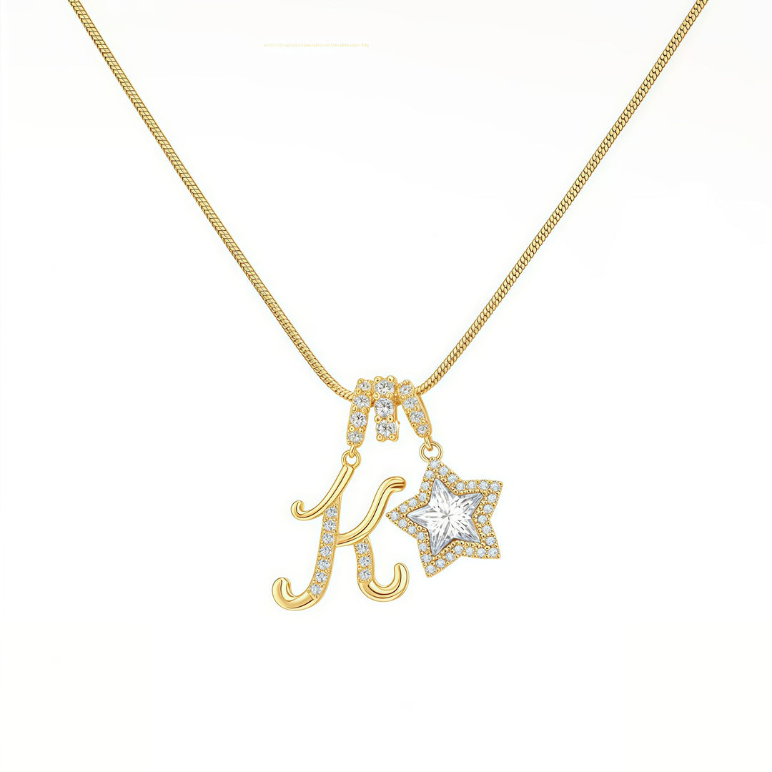 Script Initial Pave Star Dual Charm Snake Chain Necklace, Gold & Silver Custom Letter Choker
