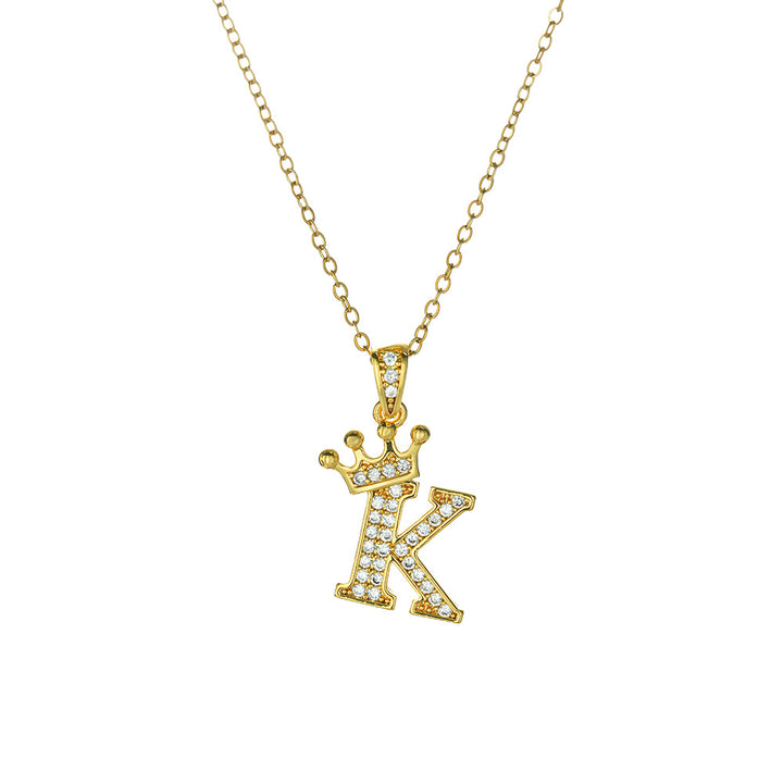 Crown Paved Diamond Initial Letter Necklace, 14K Gold Plated Personalized Dainty Chain, A-Z Available