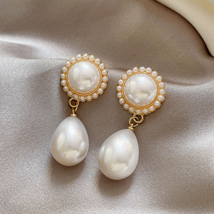 Vintage Round Teardrop Pearl S925 Silver Dangle Earrings, Palace Style Double Layer Pearl Drop Earrings, Elegant Earrings For Women