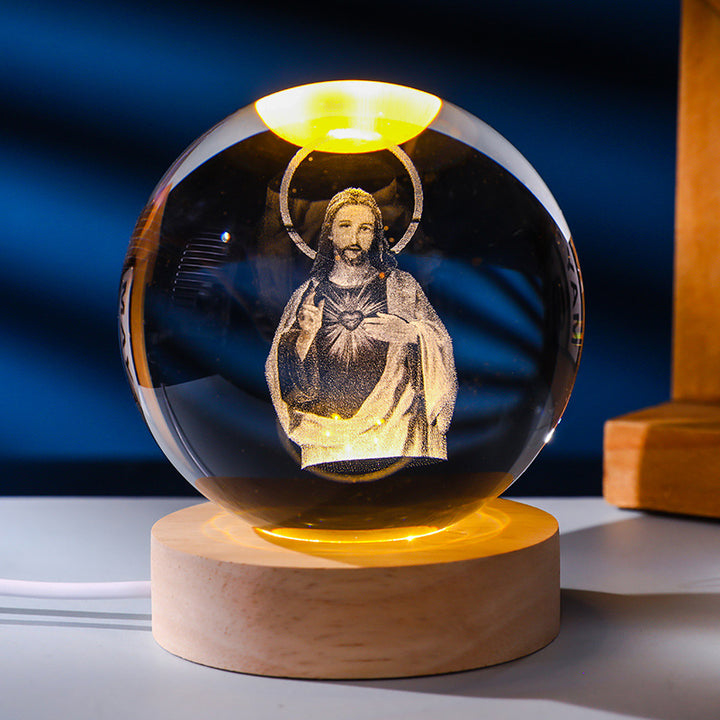 3D Laser Engraved Glowing Crystal Ball Ornament, Multi-Pattern Solid Wood Warm LED Base Night Light Gift