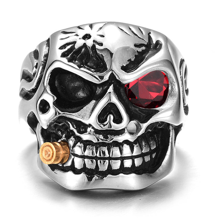 One-Eyed Gem Bullet Skull Ring, S925 Silver Antiqued Biker Statement Band For Men