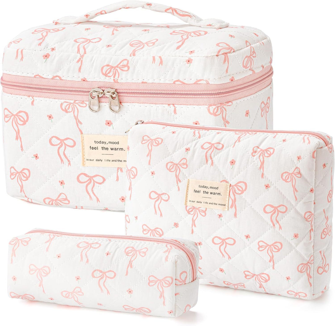Floral Quilted 3-Piece Makeup Bag Set, Large Capacity Handheld Cosmetic Bag Portable Storage Pouch & Pencil Case Kit