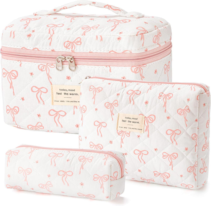 Floral Quilted 3-Piece Makeup Bag Set, Large Capacity Handheld Cosmetic Bag Portable Storage Pouch & Pencil Case Kit