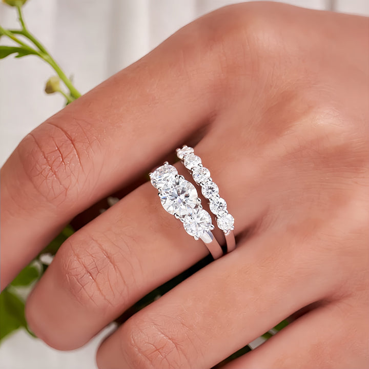 Three-Stone & Half-Eternity Wedding Ring Set (Luxury Classic Timeless Couple Bands)