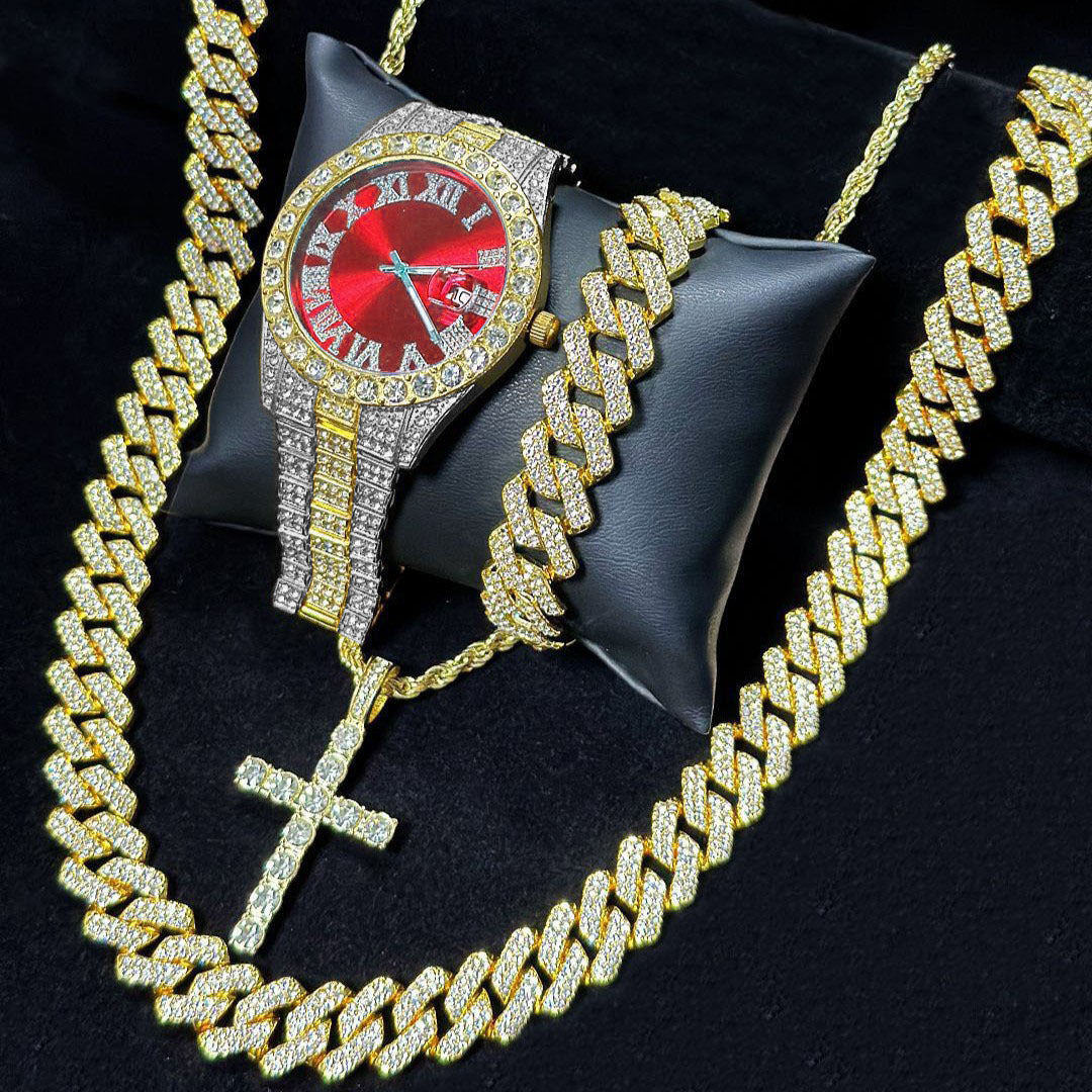Men's Iced Out Jewelry 4-Piece Set, Hip Hop Diamond Watch with Calendar + Cuban Bracelet + Cross Pendant Necklace Gift Set
