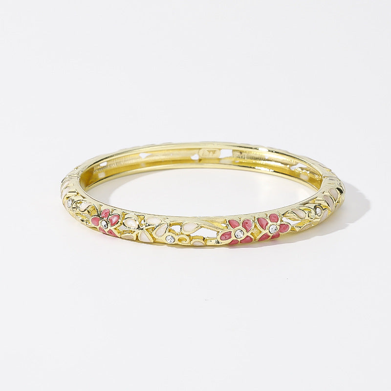 Hollow‑Out Enamel Floral Inlaid Diamond Spring‑Opening Bangle, Multi‑Color Options