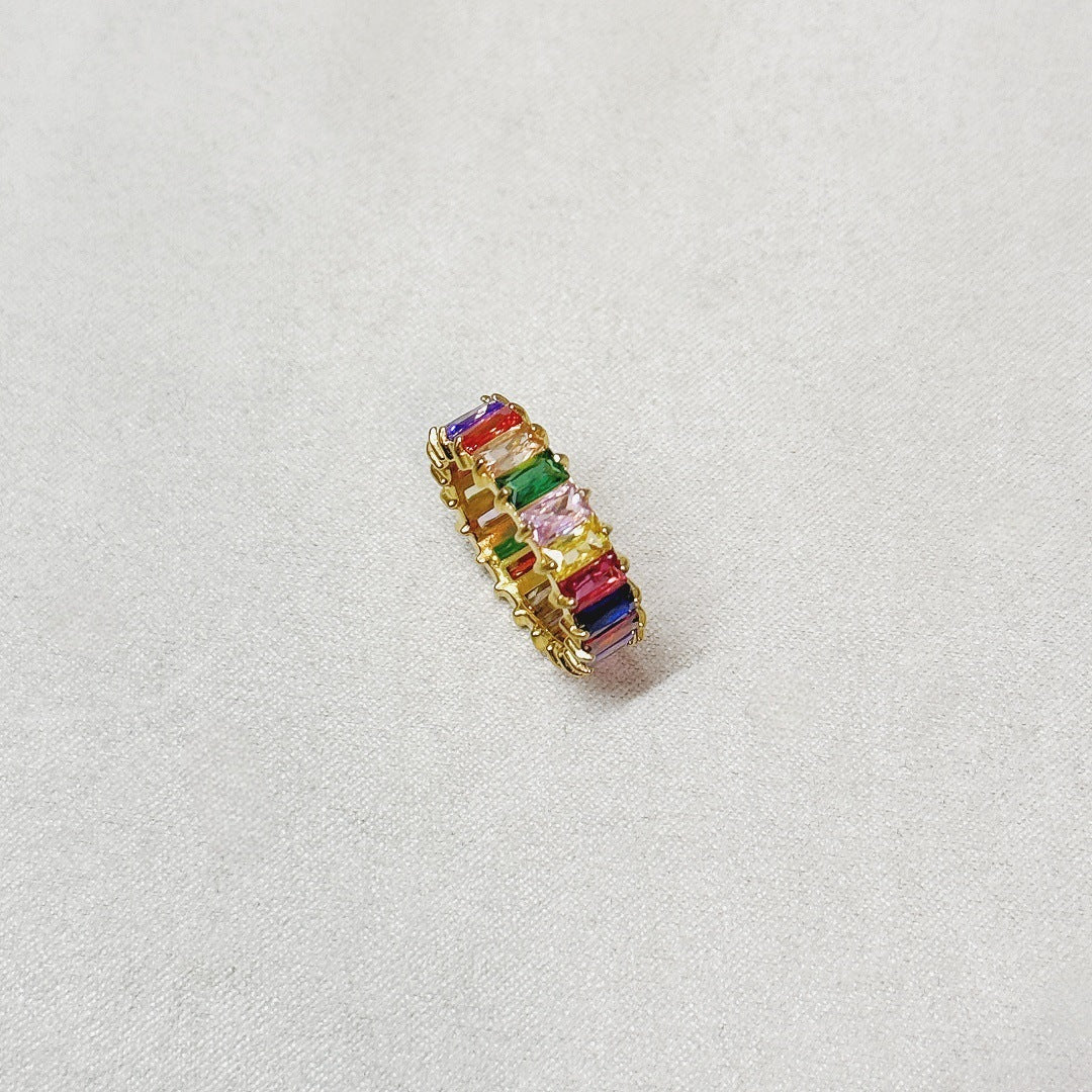Baguette Cut Full Eternity Ring, Multi-Color Paved Diamond Gold & Silver Luxury Stackable Band