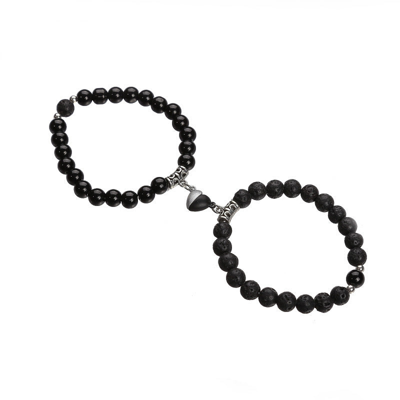Magnetic Heart Couple Bracelets with Agate Beads – Purple Love Stone Gift Set