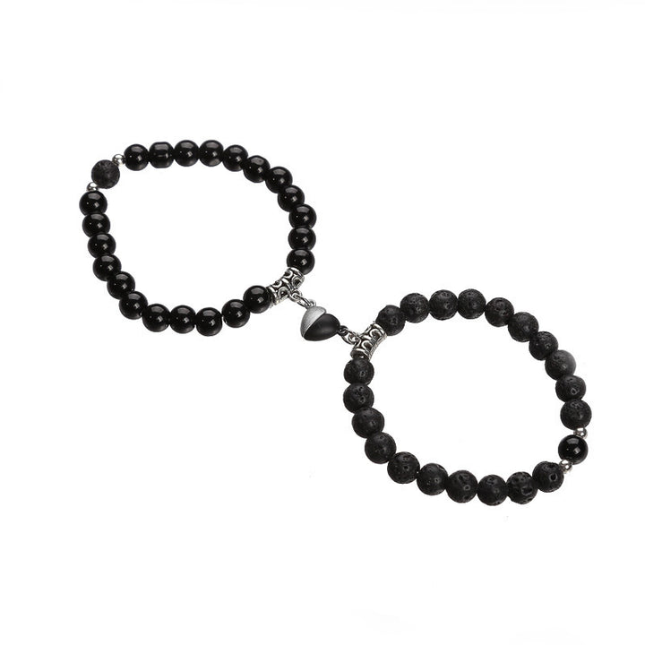 Magnetic Heart Couple Bracelets with Agate Beads – Purple Love Stone Gift Set
