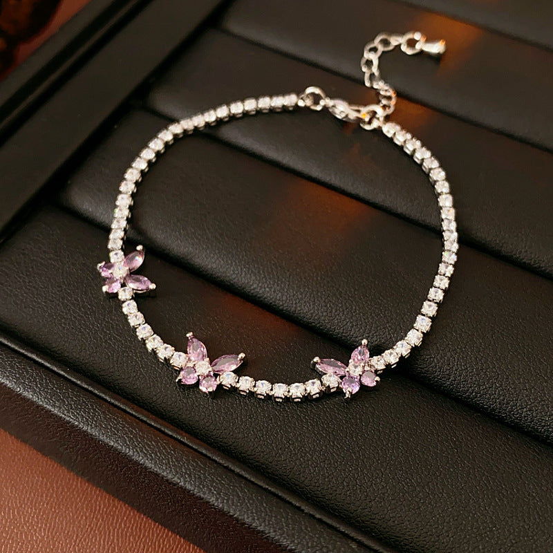 Three‑Butterfly Pave Diamond Tennis Bracelet, Marquise Cut Diamond Butterfly Dainty Women Bracelet, Gold & Silver Tone, Clear & Purple Diamond Available