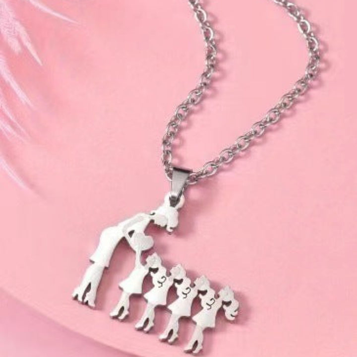 Mother & Kids Silhouette Pendant Necklace, 316L Titanium Steel Silver Plated Family Keepsake Necklace, Multiple Figures, Gold & Silver Family Jewelry
