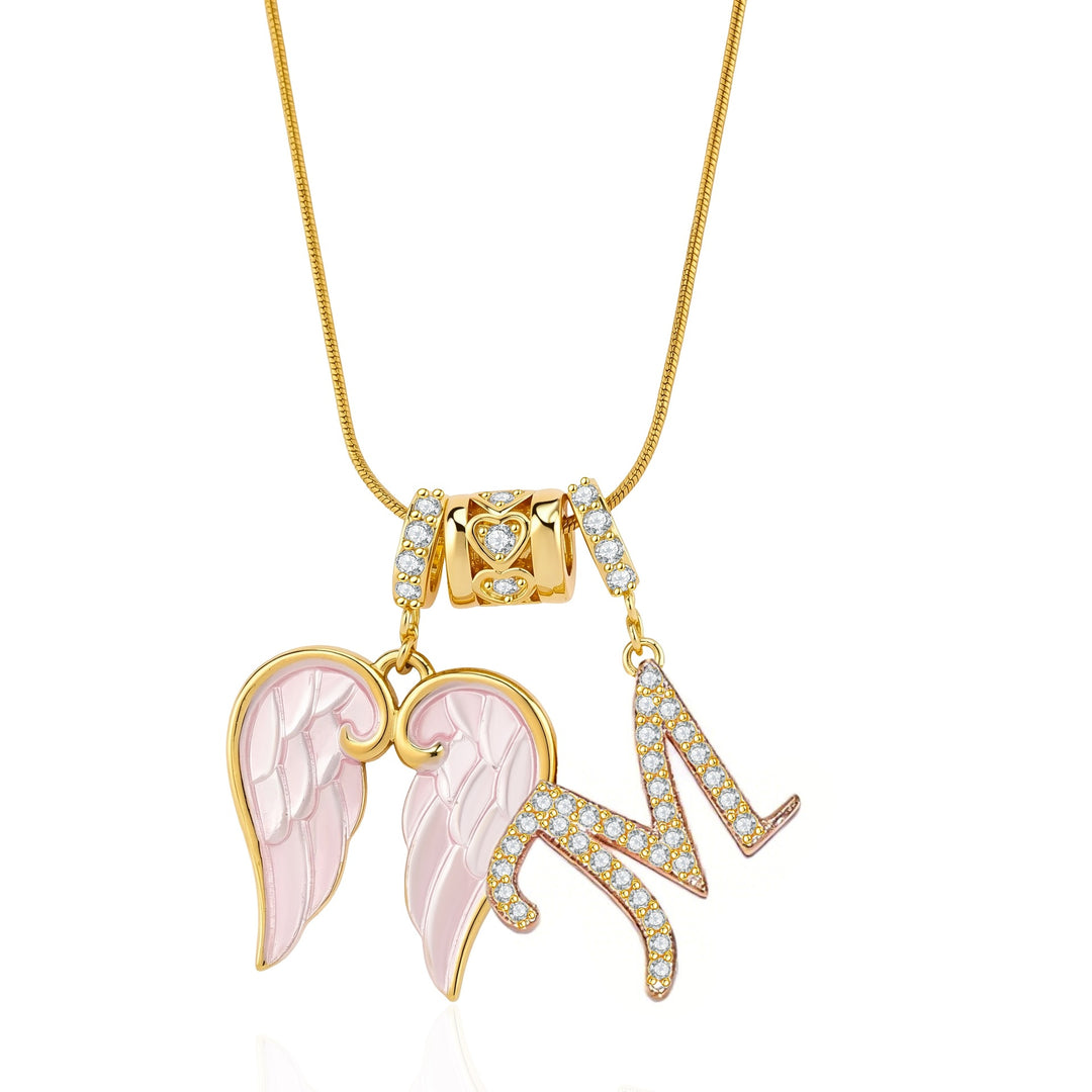 Pink Enamel Angel Wing Initial Necklace, Custom 26 Letters Gold Plated Diamond Pendant