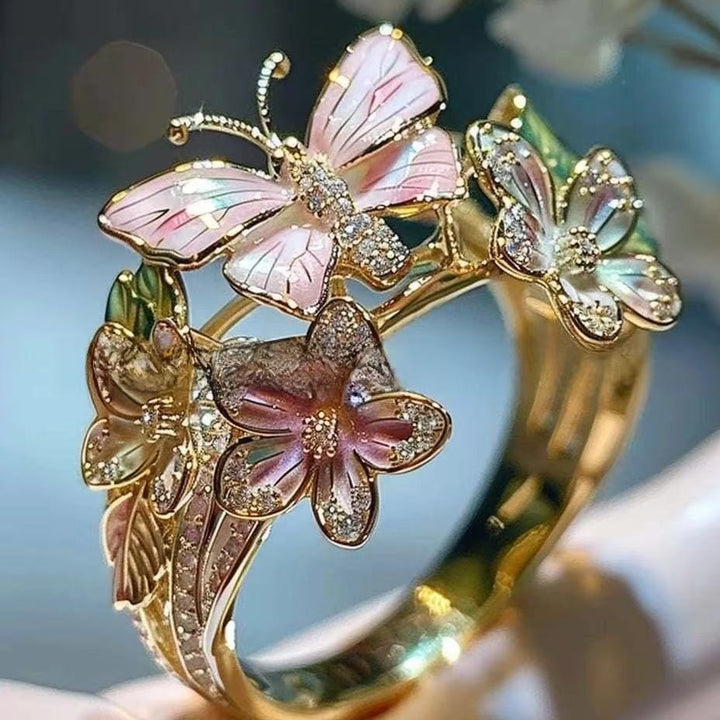 Enamel Butterfly & Flower 3D Open Ring, 3-Tone Vintage Forest Style Paved Diamond Artistic Statement Ring for Women