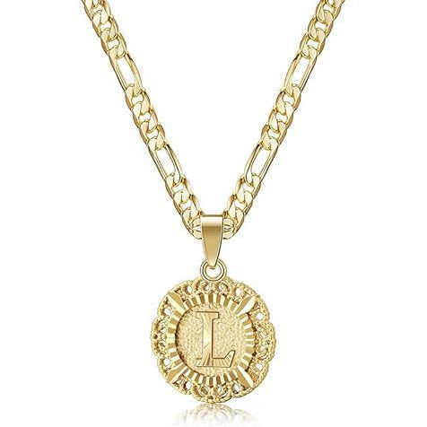 Vintage Lace Round 26 Letter Figaro Necklace, 14K Gold Plated Personal Initial Pendant Clavicle Chain