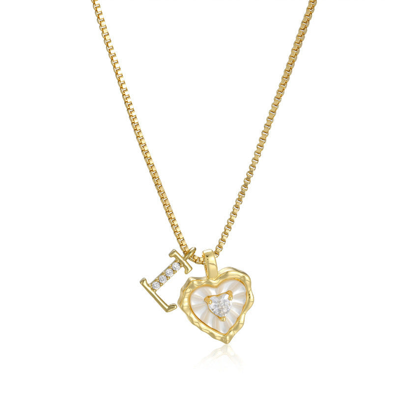 White Shell Heart Initial Necklace, Wavy Edge Mother of Pearl Pendant with Heart Diamond, Custom 26 Letters Gold Box Chain