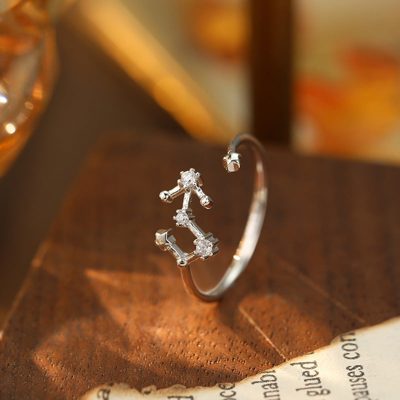 925 Silver Diamond-Inlaid 12 Constellations Open Adjustable Ring (Unisex Luxury Personalized Style)