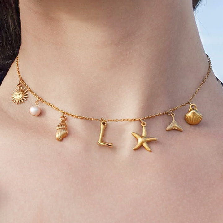 Ocean Vacation Multi-Charm Initial Choker, Starfish Shell Mermaid Tail Sun Pearl Custom Letter Thin Necklace for Women