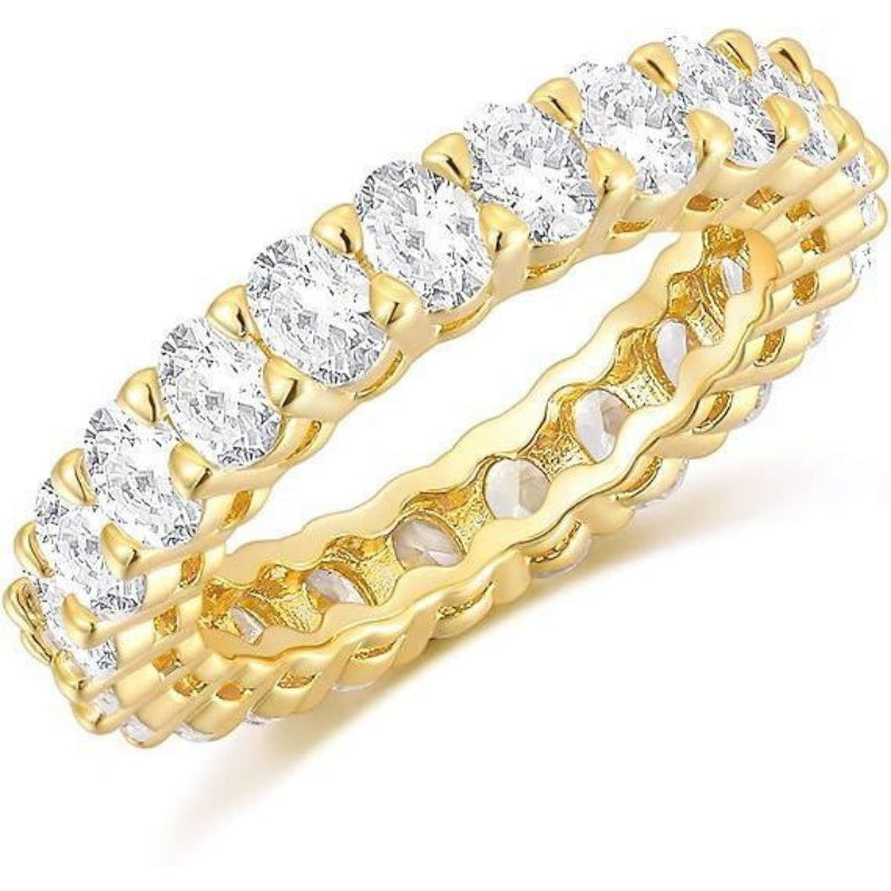 Oval Full Eternity Band Ring, Gold Silver Rose Gold Paved Diamond Stackable Wedding Band
