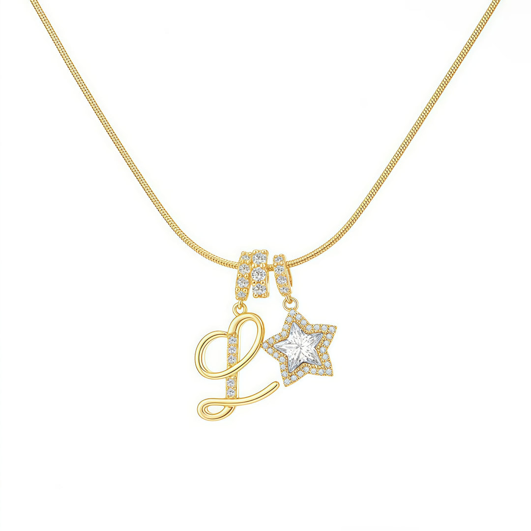 Script Initial Pave Star Dual Charm Snake Chain Necklace, Gold & Silver Custom Letter Choker