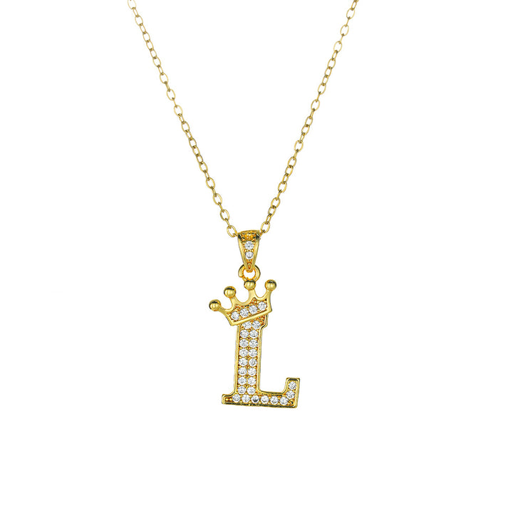 Crown Paved Diamond Initial Letter Necklace, 14K Gold Plated Personalized Dainty Chain, A-Z Available