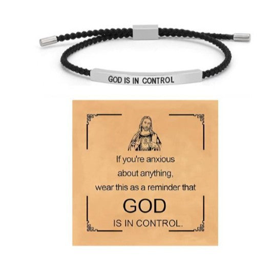 GOD IS IN CONTROL" Engraved Braided Bracelet (Christian Faith Inspirational Reminder Band)