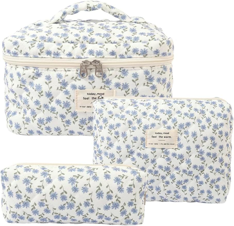 Floral Quilted 3-Piece Makeup Bag Set, Large Capacity Handheld Cosmetic Bag Portable Storage Pouch & Pencil Case Kit