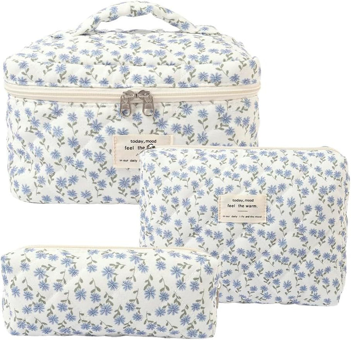 Floral Quilted 3-Piece Makeup Bag Set, Large Capacity Handheld Cosmetic Bag Portable Storage Pouch & Pencil Case Kit