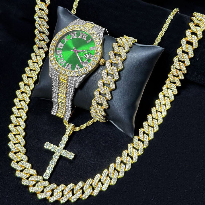 Men's Iced Out Jewelry 4-Piece Set, Hip Hop Diamond Watch with Calendar + Cuban Bracelet + Cross Pendant Necklace Gift Set