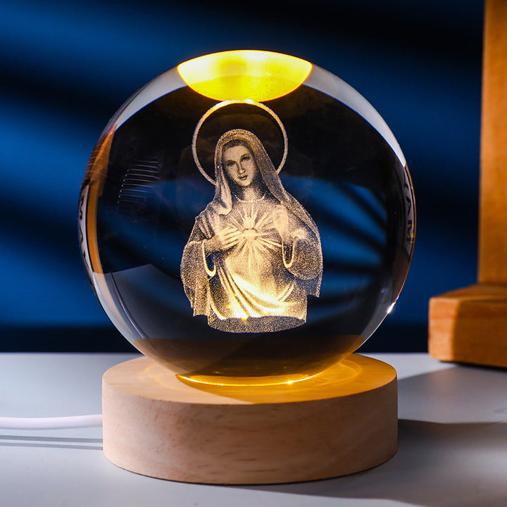 3D Laser Engraved Glowing Crystal Ball Ornament, Multi-Pattern Solid Wood Warm LED Base Night Light Gift