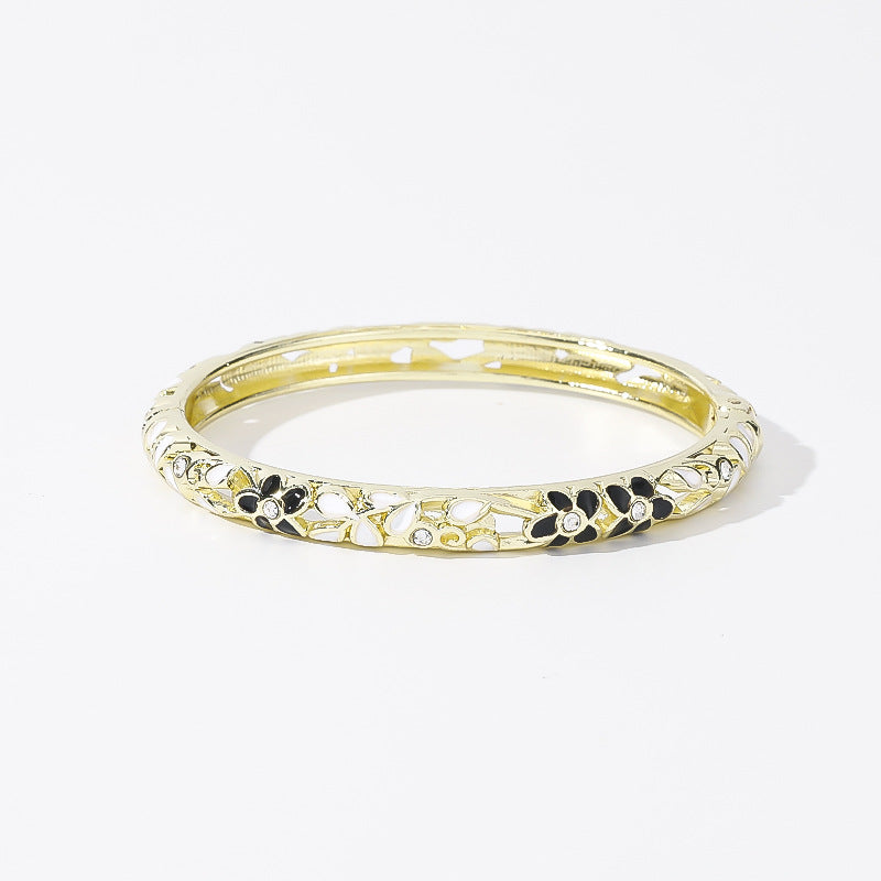 Hollow‑Out Enamel Floral Inlaid Diamond Spring‑Opening Bangle, Multi‑Color Options