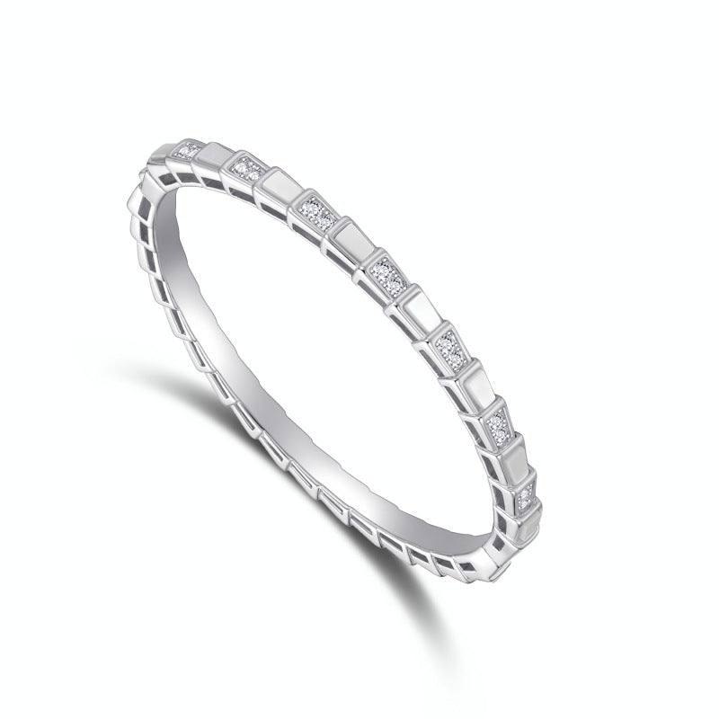 Snake Segment White Mother of Pearl Paved Crystal Thin Bangle, Gold Silver Rose Gold Stackable Luxury Bracelet