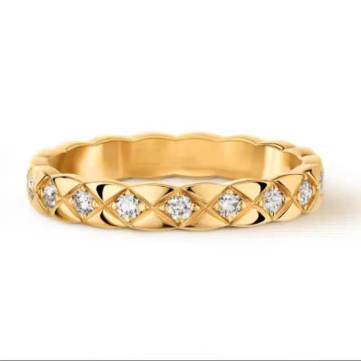Classic Quilted Pattern Silver Ring, Plain & Paved Diamond Luxury Versatile Band Ring