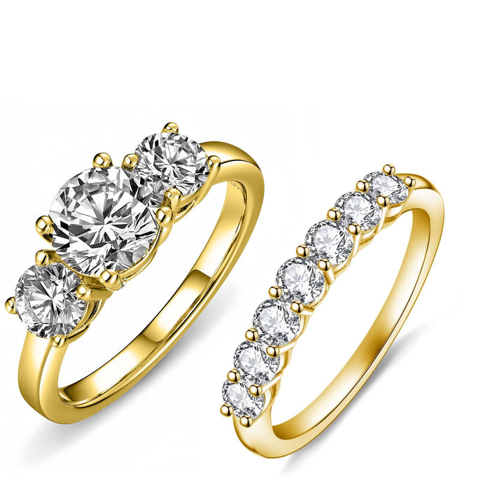 Three-Stone & Half-Eternity Wedding Ring Set (Luxury Classic Timeless Couple Bands)