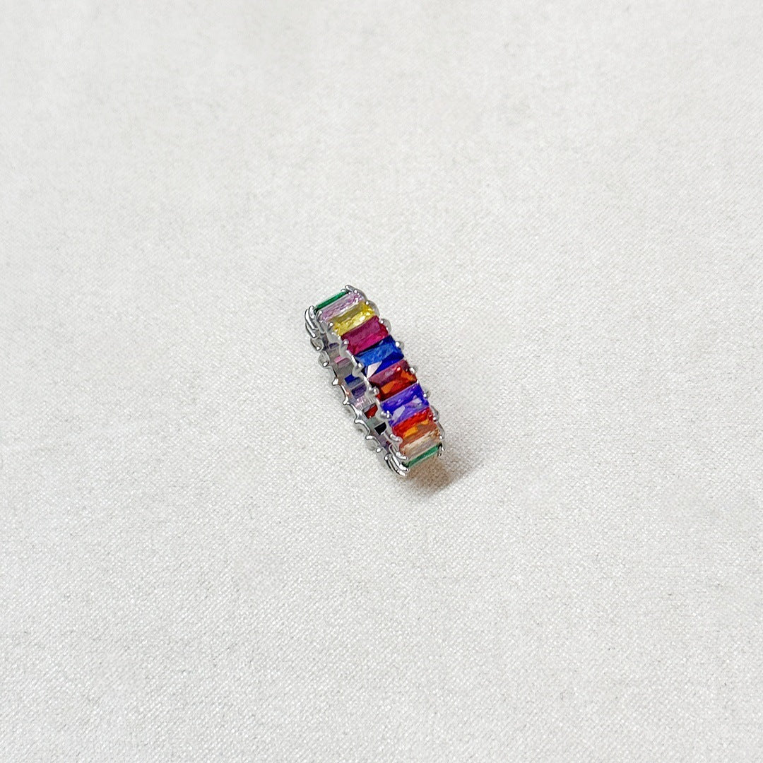 Baguette Cut Full Eternity Ring, Multi-Color Paved Diamond Gold & Silver Luxury Stackable Band