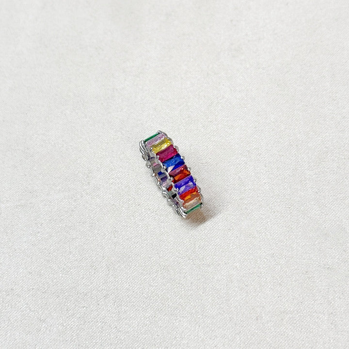 Baguette Cut Full Eternity Ring, Multi-Color Paved Diamond Gold & Silver Luxury Stackable Band