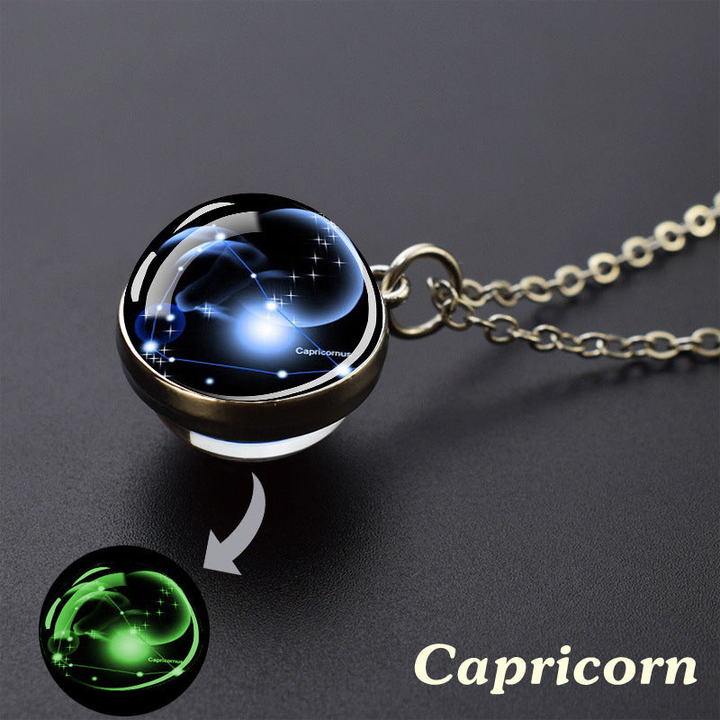 12 Constellations Double‑Sided Glass Ball Pendant Necklace