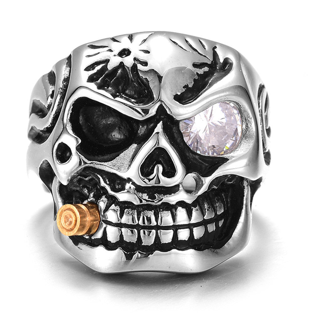 One-Eyed Gem Bullet Skull Ring, S925 Silver Antiqued Biker Statement Band For Men