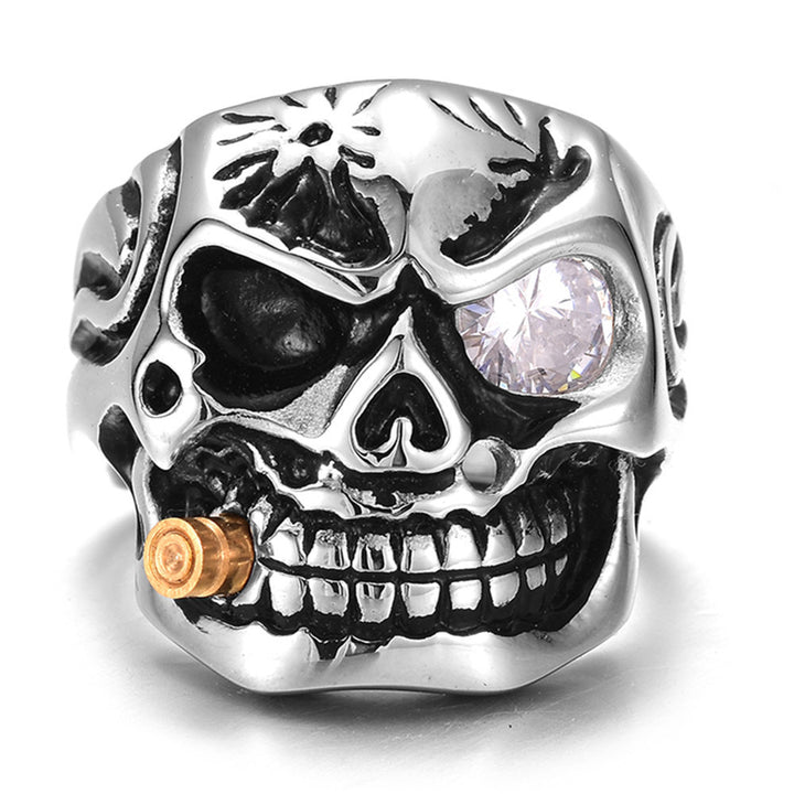 One-Eyed Gem Bullet Skull Ring, S925 Silver Antiqued Biker Statement Band For Men