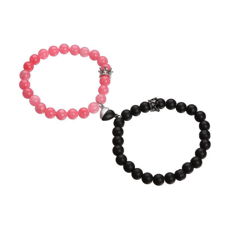 Magnetic Heart Couple Bracelets with Agate Beads – Purple Love Stone Gift Set