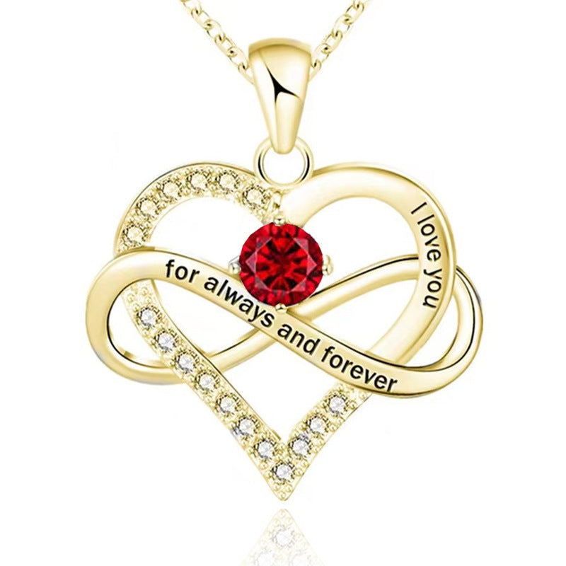 Infinity Intertwined Heart Engraved Birthstone Necklace, Eternal Love Heart Pendant Clavicle Chain with Birthstone