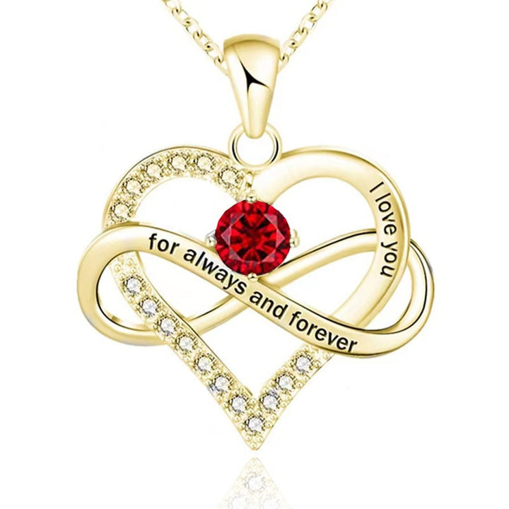 Infinity Intertwined Heart Engraved Birthstone Necklace, Eternal Love Heart Pendant Clavicle Chain with Birthstone