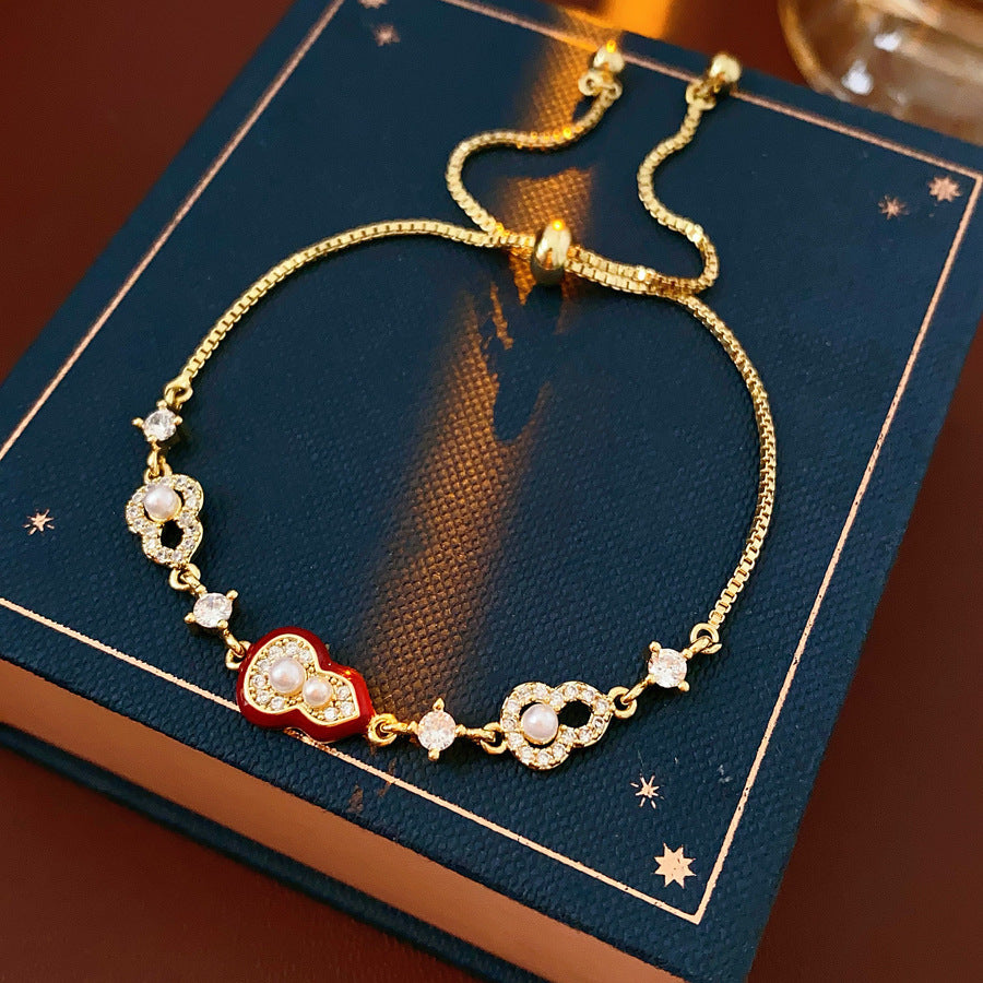 New Chinese Style Red Enamel Gourd & Clover S925 Silver Bracelet, Pearl & Diamond Adjustable Slider Bracelet for Women