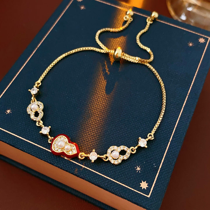 New Chinese Style Red Enamel Gourd & Clover S925 Silver Bracelet, Pearl & Diamond Adjustable Slider Bracelet for Women